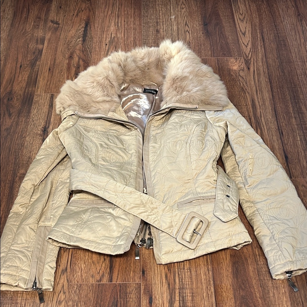 bebe Gold Puffer Jacket with Faux Fur Collar